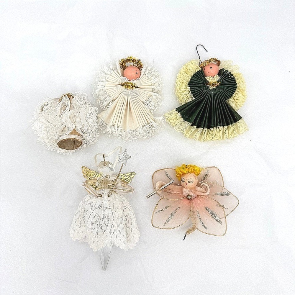 Christmas Angel Ornaments Mixed Lot Vintage Lace Ribbon Tinsel Holiday Cottage